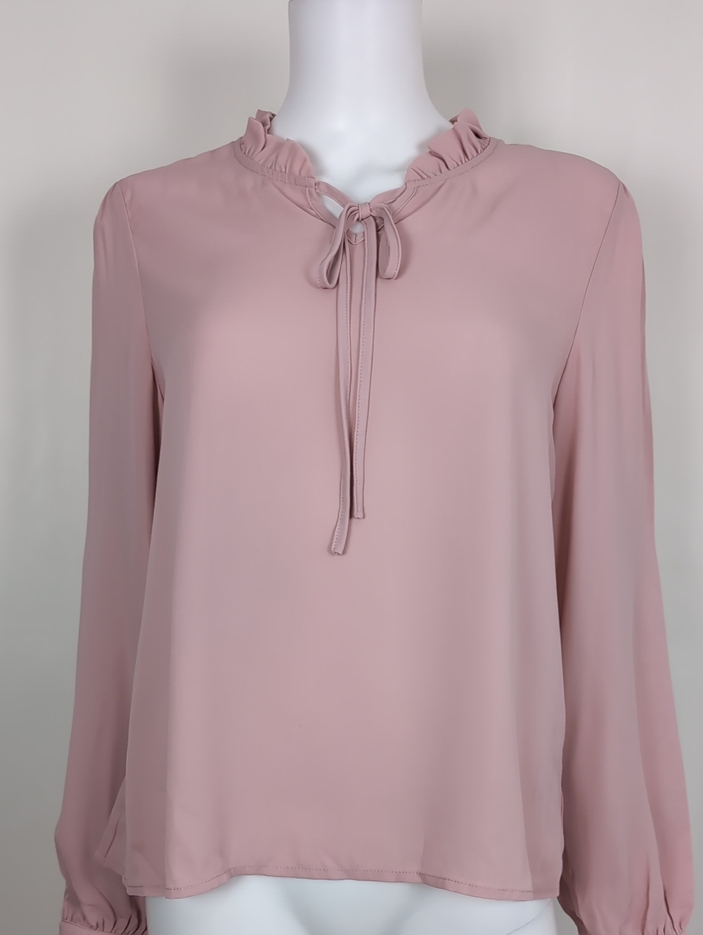 SHEIN Pastel Baby Pink Long Sleeve Ruffle Tie Neck Business Workwear Blouse L